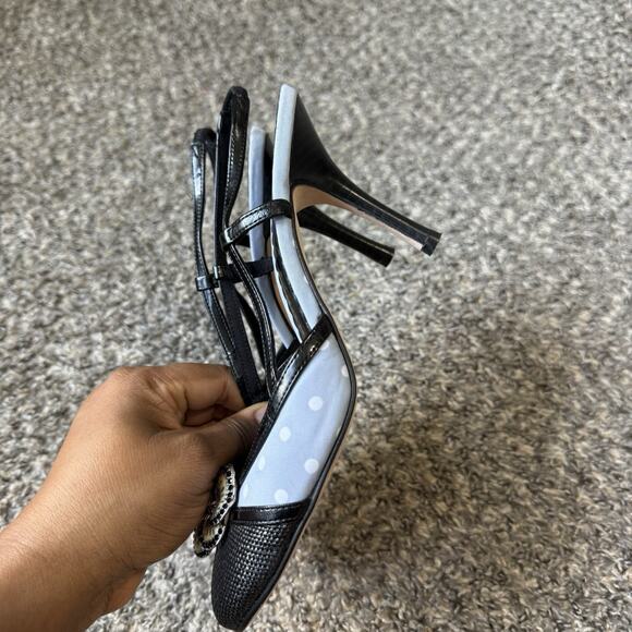 BEVERLY FELDMAN Heels Black Blue Polka Dot Slingback Rose Size 7 M READ - Picture 4 of 10